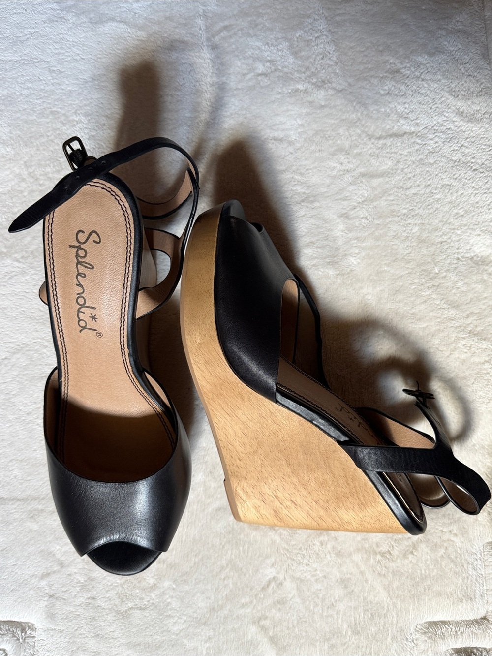 Splendid Black Leather Peep-Toe Wedge Sandals with Wood-Look Platform